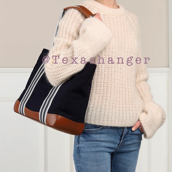 NWT Lauren Ralph Lauren Lora Stripe Detail Canvas Tote Bag Navy - Picture 7 of 16